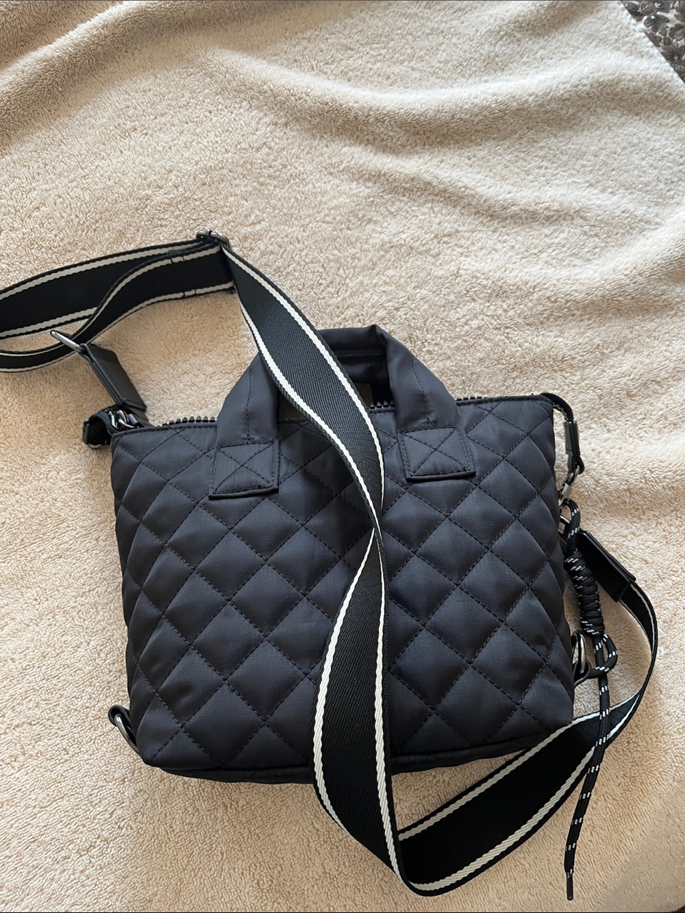 Chico's Quilted Crossbody Bag in Black with Striped Strap ($89 retail).